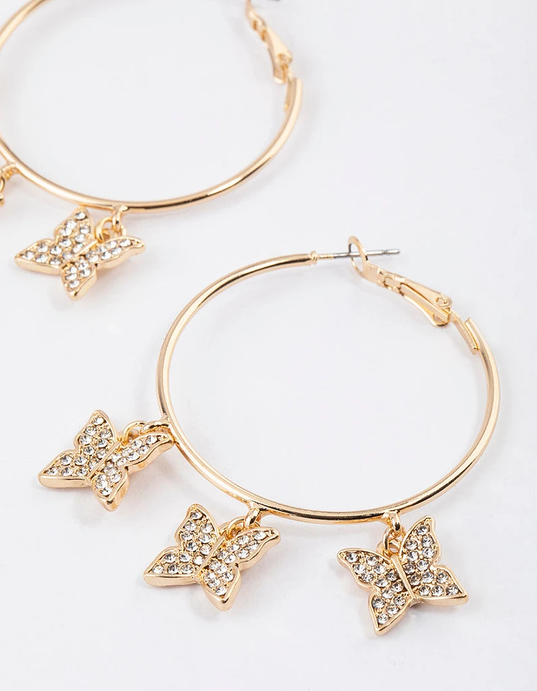 Gold Diamante Butterfly Hoop Earrings