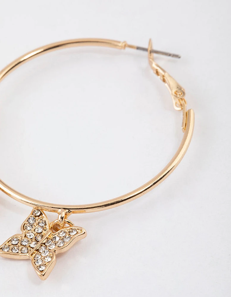 Gold Diamante Butterfly Hoop Earrings