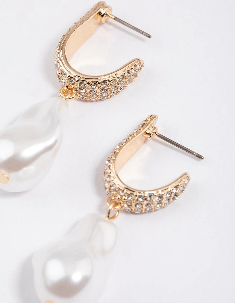 Gold Pave Pearl Drop Earrings