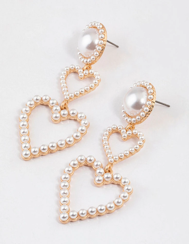 Gold Pearl Heart Drop Earrings