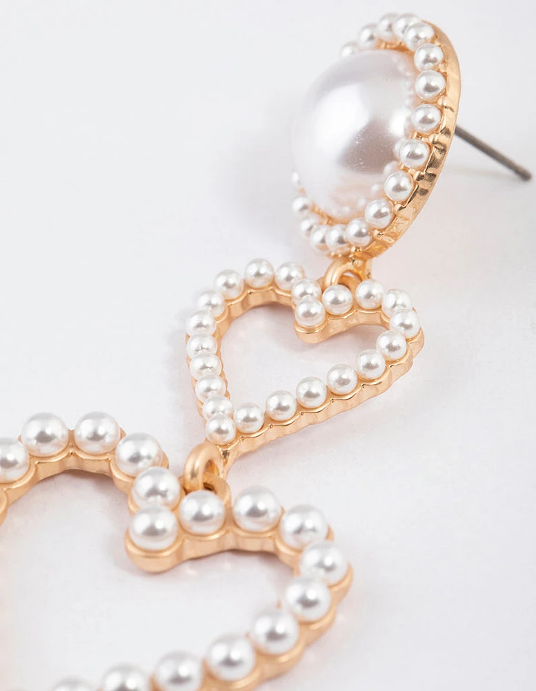 Gold Pearl Heart Drop Earrings