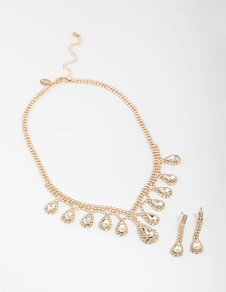 Gold Diamante Surrounded Teardrop Earrings & Necklace Set