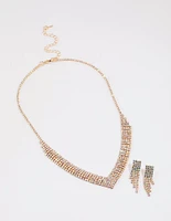 Gold Diamante Pointed Earrings & Necklace Set