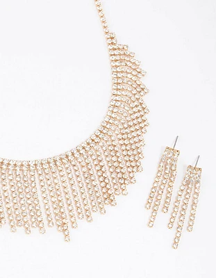 Gold Diamante Tassel Earrings & Necklace Set