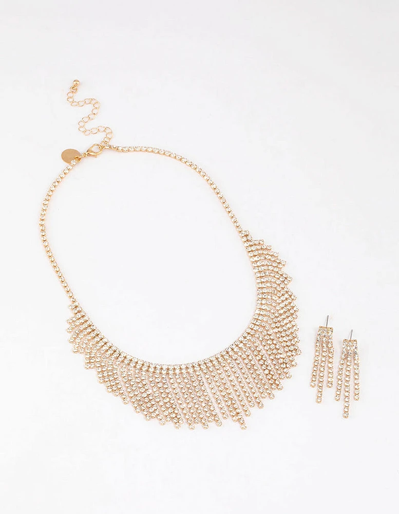 Gold Diamante Tassel Earrings & Necklace Set