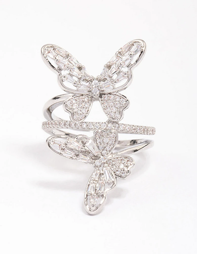 Rhodium Double Butterfly Ring