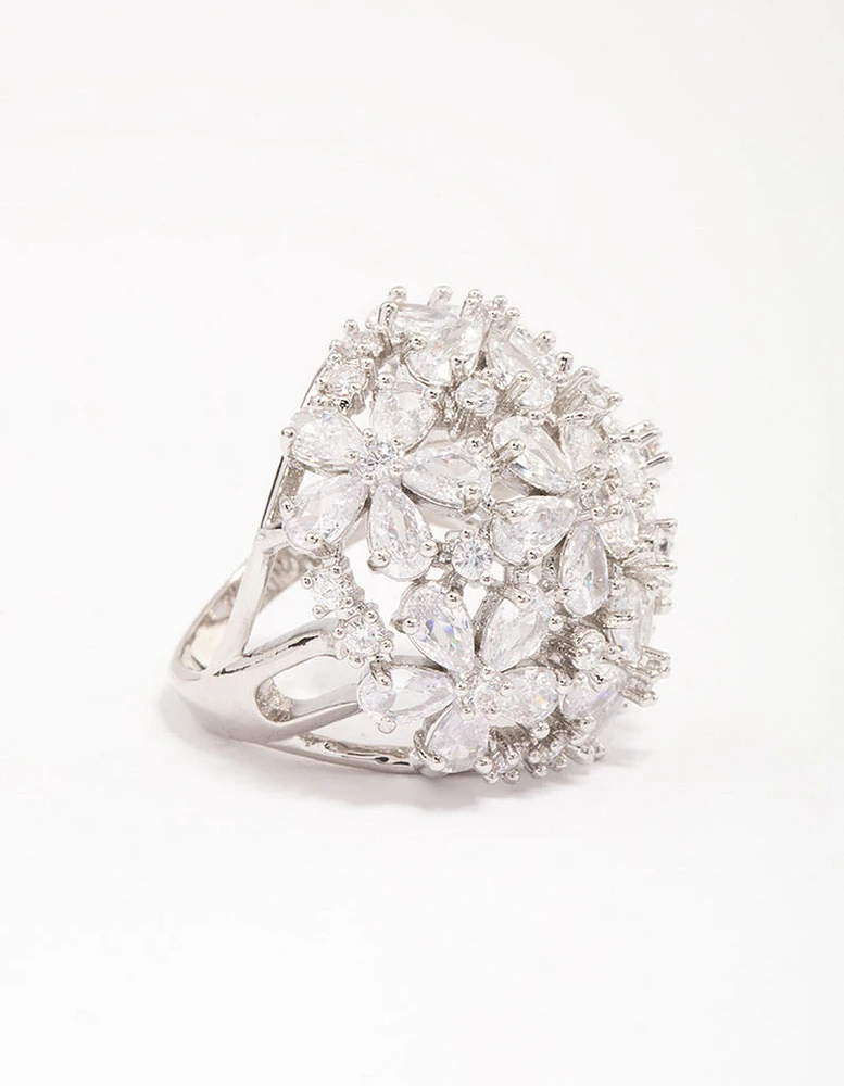 Silver Flower Dome Cocktail Ring