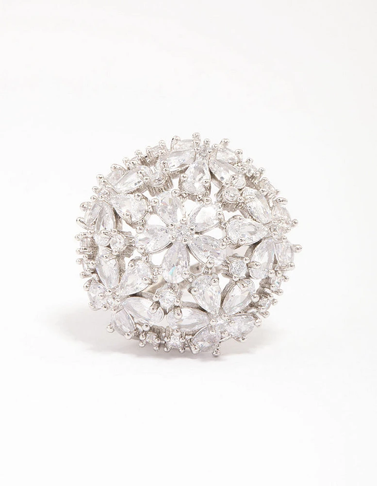 Silver Flower Dome Cocktail Ring