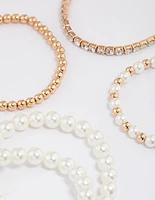 Gold Mixed Diamante Pearl Stretch Bracelet Pack