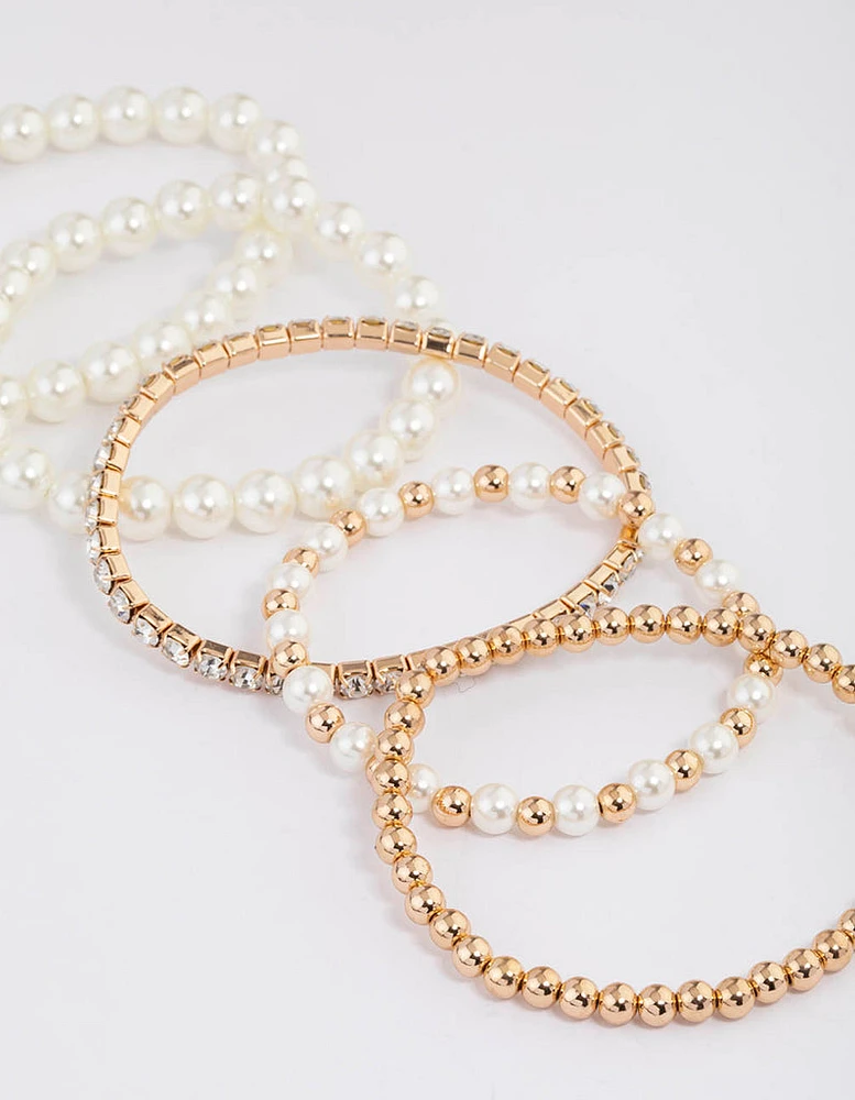 Gold Mixed Diamante Pearl Stretch Bracelet Pack