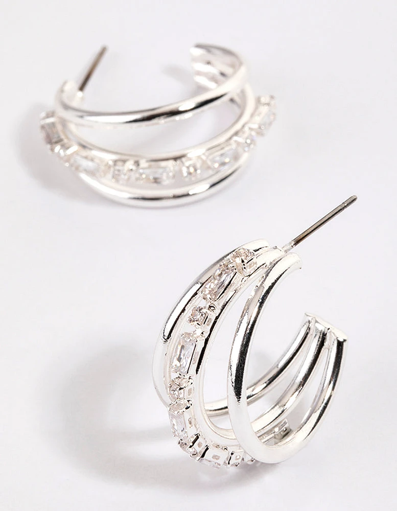 Silver Plated Baguette & Round Illusion Hoop Earrings