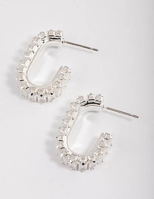 Silver Plated Oval Horizontal Baguette Hoop Earrings