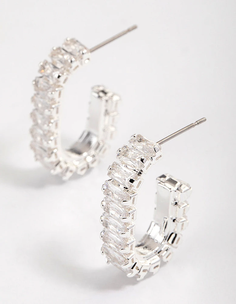 Silver Plated Oval Horizontal Baguette Hoop Earrings