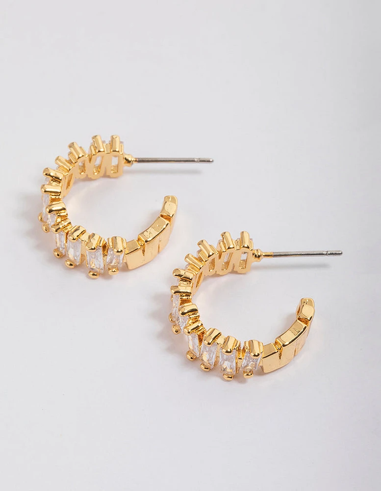 Gold Plated Organic Cubic Zirconia Baguette Hoop Earrings