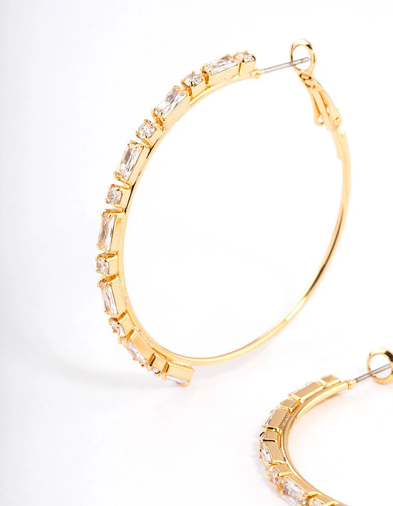 Gold Plated Round & Baguette Large Hoop Earrings