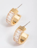 Gold Plated Cubic Zirconia Wide Baguette Hoop Earrings