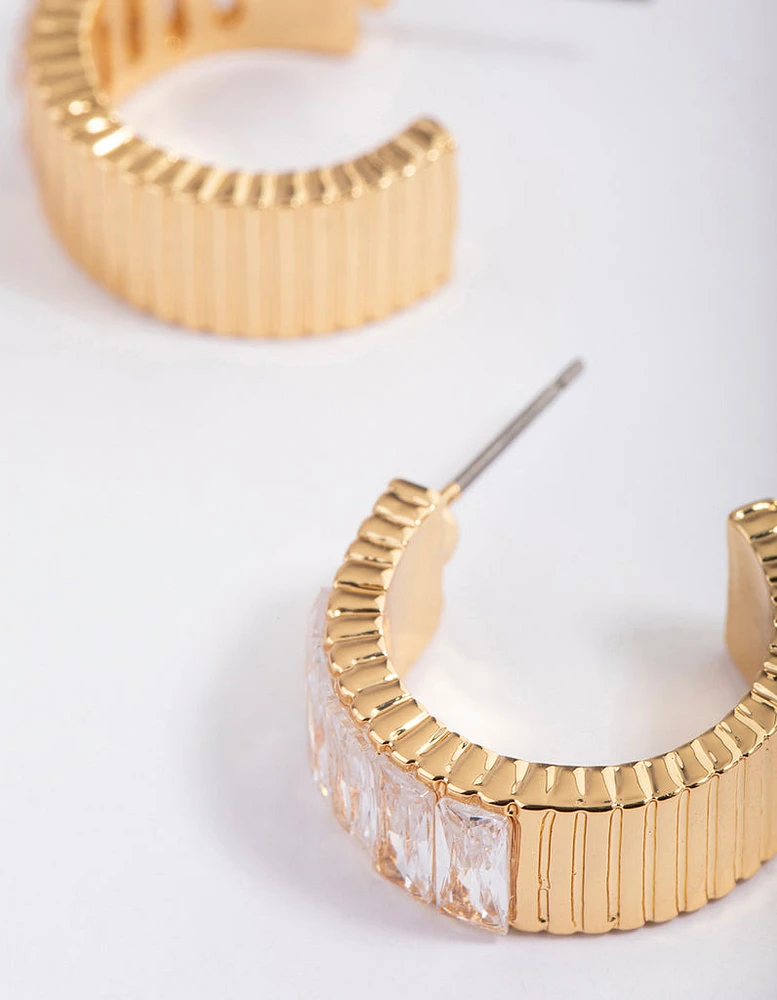 Gold Plated Cubic Zirconia Wide Baguette Hoop Earrings