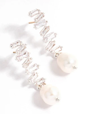 Silver Plated Organic Cubic Zirconia & Freshwater Pearl Drop Earrings