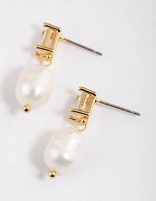 Gold Plated Cubic Zirconia Baguette & Freshwater Pearl Drop Earrings
