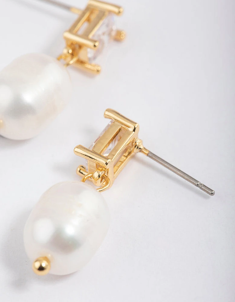 Gold Plated Cubic Zirconia Baguette & Freshwater Pearl Drop Earrings