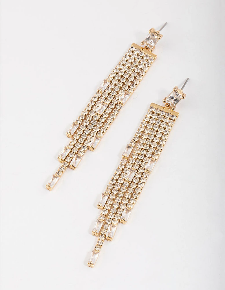 Gold Plated Cubic Zirconia Baguette Waterfall Drop Earrings