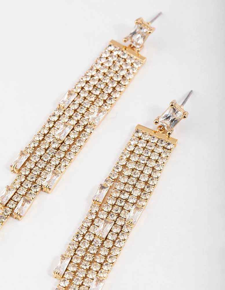 Gold Plated Cubic Zirconia Baguette Waterfall Drop Earrings