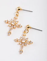 Gold Plated Cubic Zirconia Ornate Cross Drop Earrings