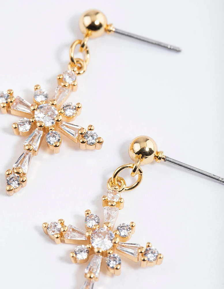 Gold Plated Cubic Zirconia Ornate Cross Drop Earrings