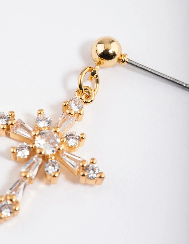 Gold Plated Cubic Zirconia Ornate Cross Drop Earrings