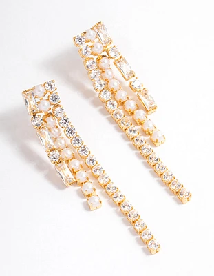 Gold Plated Cubic Zirconia Round & Baguette Pearl Drop Earrings