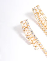 Gold Plated Cubic Zirconia Round & Baguette Pearl Drop Earrings