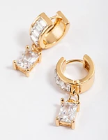 Gold Plated Cubic Zirconia Baguette Drop Huggie Earrings