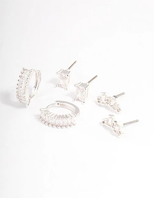 Silver Plated Cubic Zirconia Baguette Cluster Earrings Pack