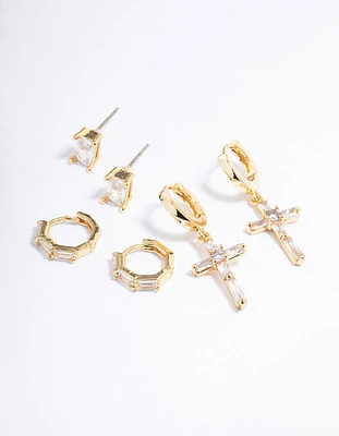 Gold Plated Baguette Cross Earrings Pack
