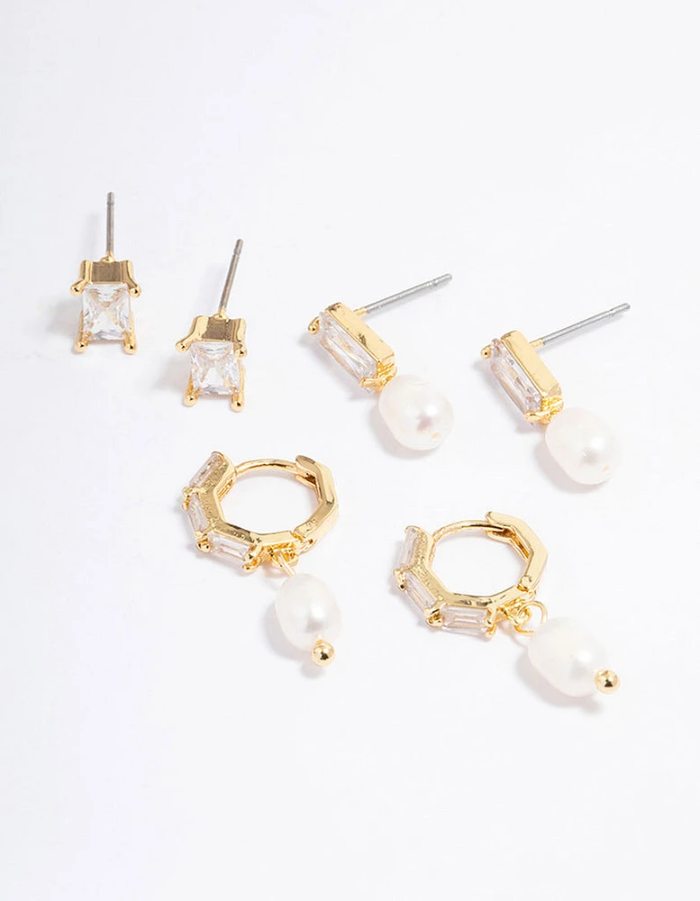 Gold Plated Cubic Zirconia Baguette Freshwater Pearl Earrings Pack