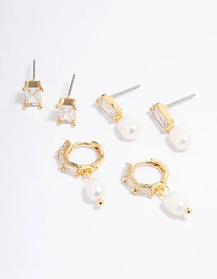 Gold Plated Cubic Zirconia Baguette Freshwater Pearl Earrings Pack