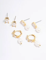 Gold Plated Cubic Zirconia Baguette Freshwater Pearl Earrings Pack