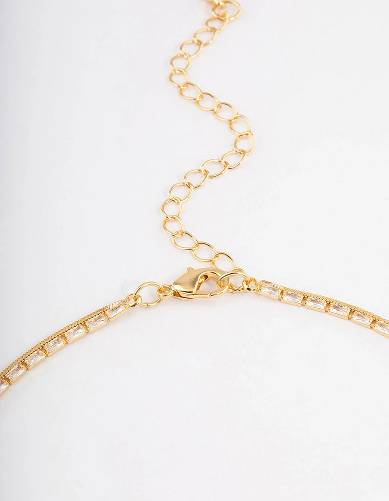 Gold Plated Cubic Zirconia Dainty Baguette Layered Necklace