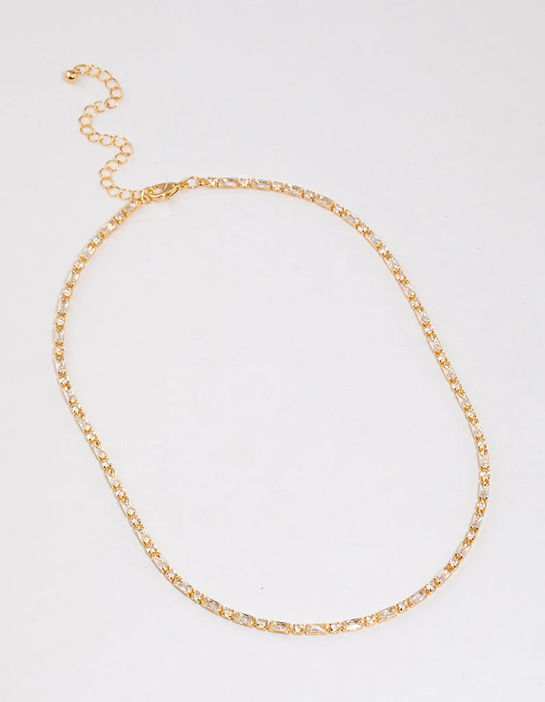 Gold Plated Cubic Zirconia Round & Baguette Tennis Necklace