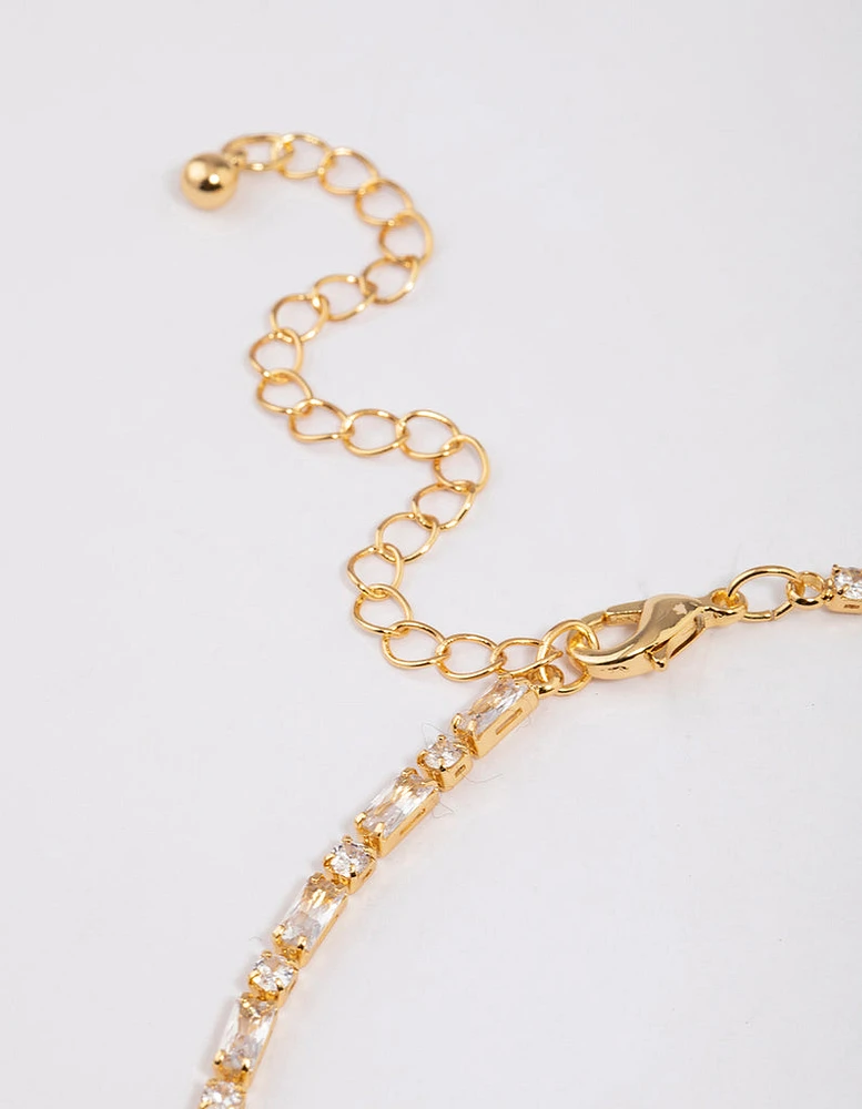 Gold Plated Cubic Zirconia Round & Baguette Tennis Necklace