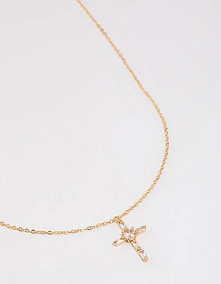 Gold Plated Cubic Zirconia Baguette Cross Necklace