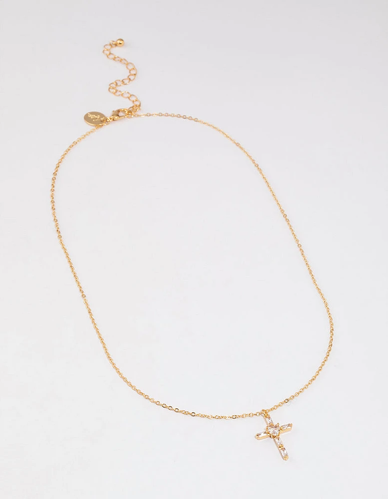 Gold Plated Cubic Zirconia Baguette Cross Necklace