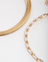 Gold Plated Cubic Zirconia Snake Chain & Baguette Tennis Bracelet Pack