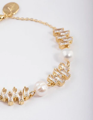 Gold Plated Cubic Zirconia Offset Baguette Freshwater Pearl Bracelet