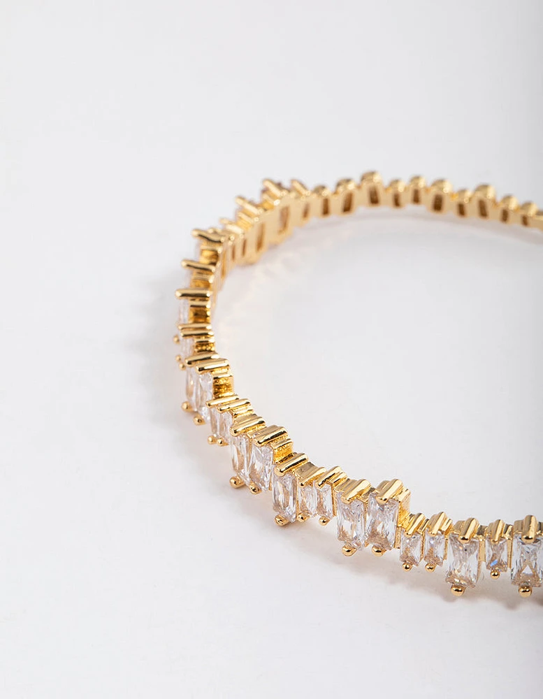 Gold Plated Cubic Zirconia Organic Baguette Cuff Bangle