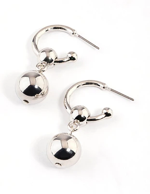 Rhodium Orb Drop Hoop Earrings