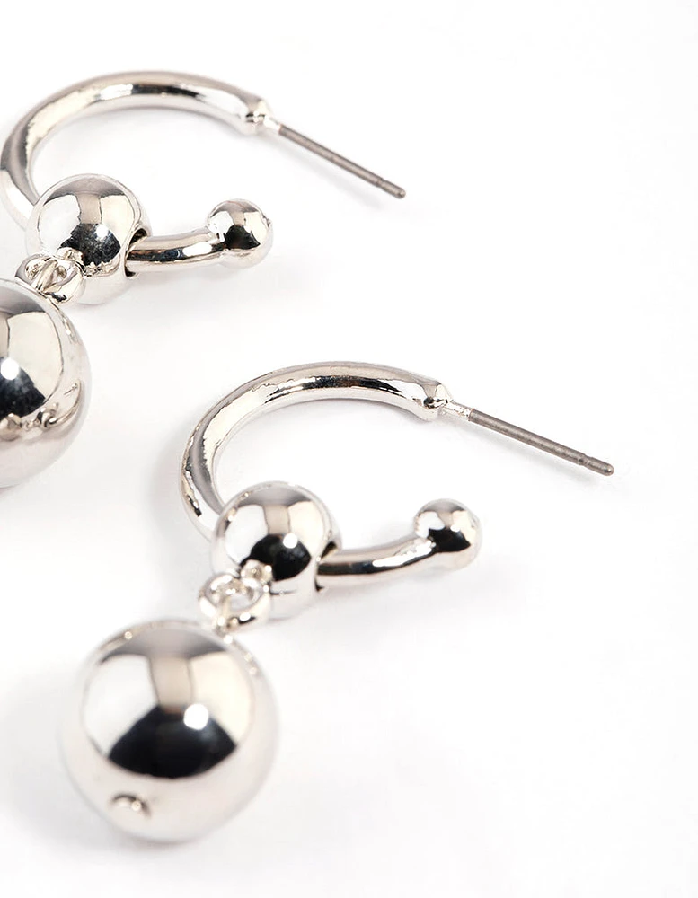 Rhodium Orb Drop Hoop Earrings