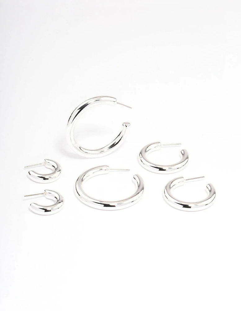 Silver Puffy Mixed Hoop Earrings Pack