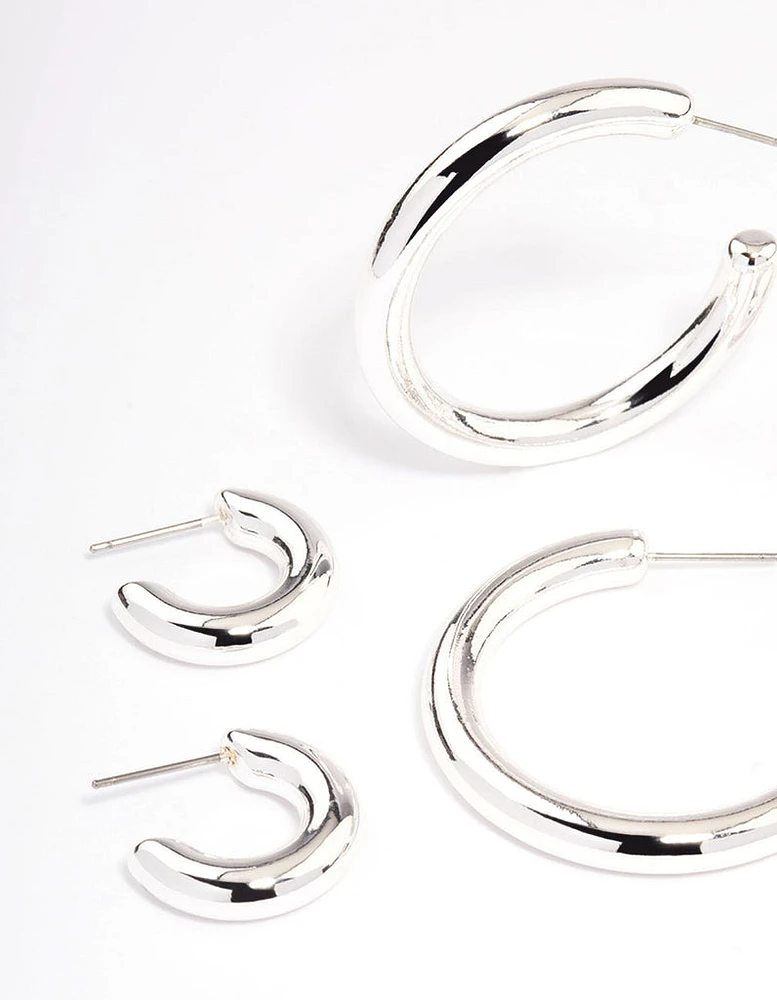 Silver Puffy Mixed Hoop Earrings Pack