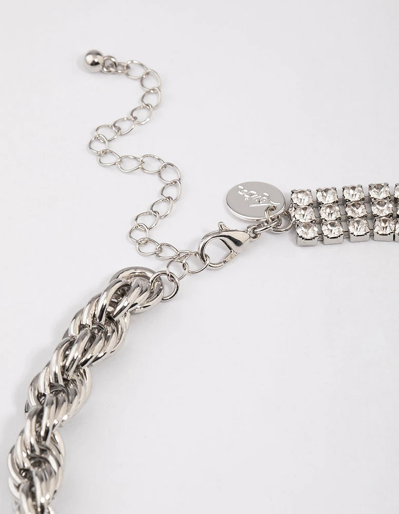 Rhodium Half Twisted Chain & Diamante Necklace